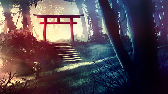 Fantazja, samuraj, las, ścieżka, świątynia, drzewo, wojownik, Tapety HD HD wallpaper