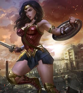Wonder Woman, DC Comics, супергероини, брюнетка, дълга коса, диадеми, кафяви очи, червено червило, разтворени устни, ръкав, броня, минипола, щит, меч, оръжие, искри, облаци, научна фантастика, залез, произведения на изкуството, рисуване, дигитално изкуство, илюстрация, фен изкуство, Logan Cure, HD тапет HD wallpaper