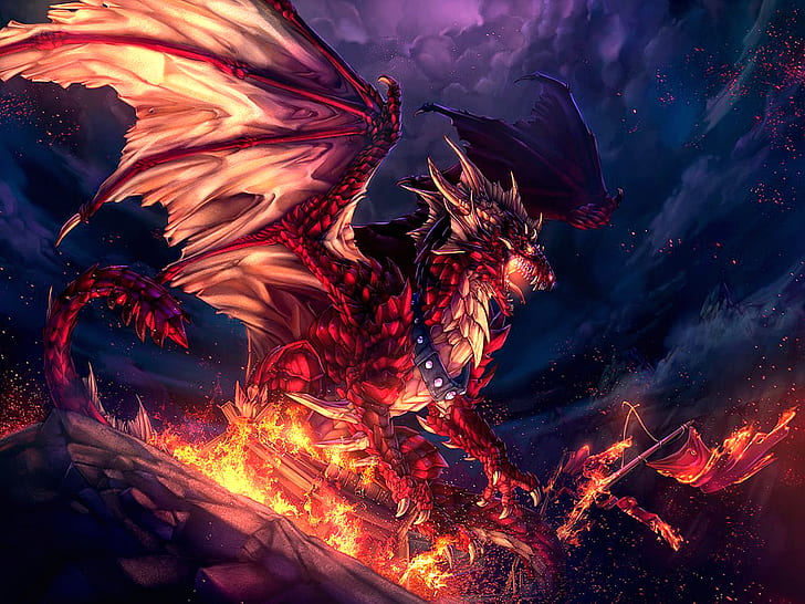 Dragon HD, dragón rojo animado, fantasía, dragón, Fondo de pantalla HD