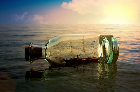bottiglia impossibile, mare, cielo, acqua, fiume, sfondo, sfondo, umore, barca, nave, bottiglia, la nave, widescreen, schermo intero, sfondi HD, Sfondo HD HD wallpaper