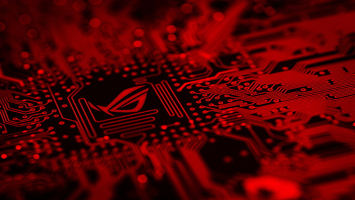 red and black ROG logo, Asus Republic of Gamers logo, ASUS, motherboards, tilt shift, technology, PC gaming, hardware, computer, Republic of Gamers, HD wallpaper