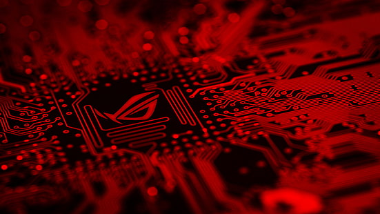 red and black ROG logo, Asus Republic of Gamers logo, ASUS, motherboards, tilt shift, technology, PC gaming, hardware, computer, Republic of Gamers, HD wallpaper HD wallpaper