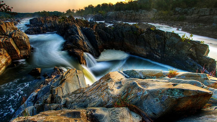 노출, 긴, 자연, 강, 바위, 미국, 버지니아, HD 배경 화면