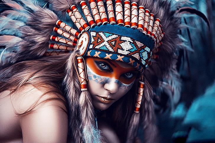 Female Native American Poster Girl Portrait Texture Feathers Headdress Hd Wallpaper Wallpaperbetter