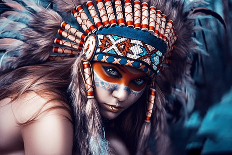 Topeng cat asli Amerika, gadis, gaya, potret, fotografer, The Indians, Art, Dmitry Arhar, Wallpaper HD HD wallpaper