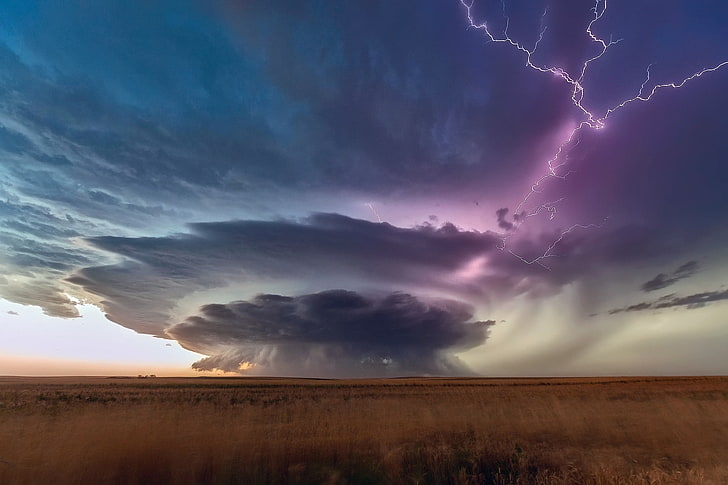 иллюстрация удара молнии, природа, пейзаж, шторм, равнины, молния, облака, пасмурно, Южная Дакота, HD обои