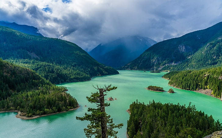 foto de natureza, paisagem, natureza, verde, lago, montanhas, floresta, nuvens, primavera, estado de Washington, HD papel de parede