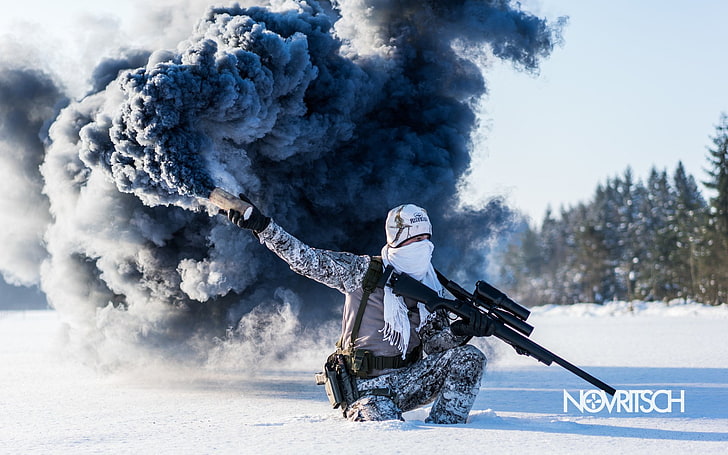 Военен, войник, еърсофт, димна граната, снайперска пушка, сняг, зима, HD тапет