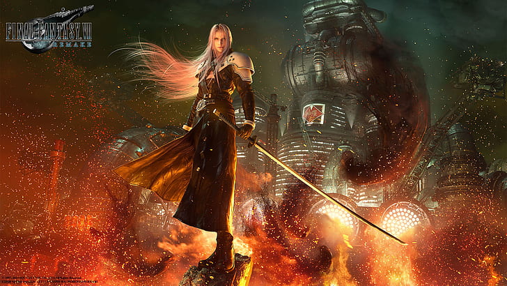 Videospiele, Sephiroth, Final Fantasy, Final Fantasy VII, Final Fantasy VII: Remake, Feuer, Katana, digitale Kunst, Videospielkunst, HD-Hintergrundbild