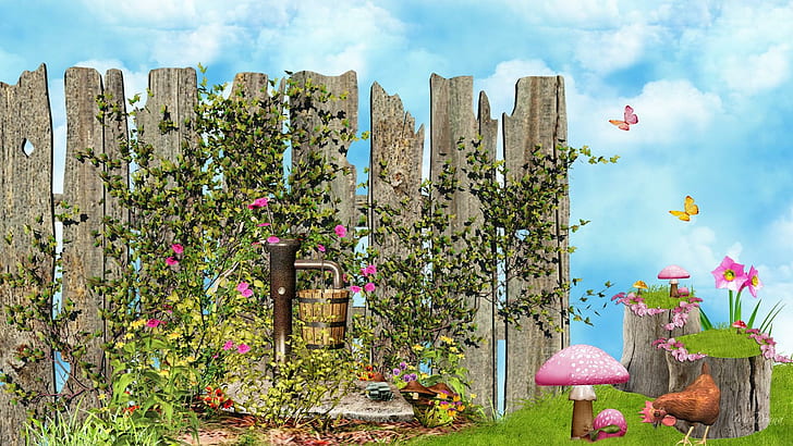 A Fairy Garden, brown chicken illustration, firefox persona, stumps, mushrooms, vintage, grass, water pump, chicken, fantasy, butterfl, HD wallpaper