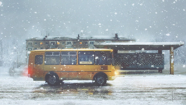 gul buss, vinter, sorg, ensam, snöflingor, bussar, stad, väg, Ryssland, HD tapet