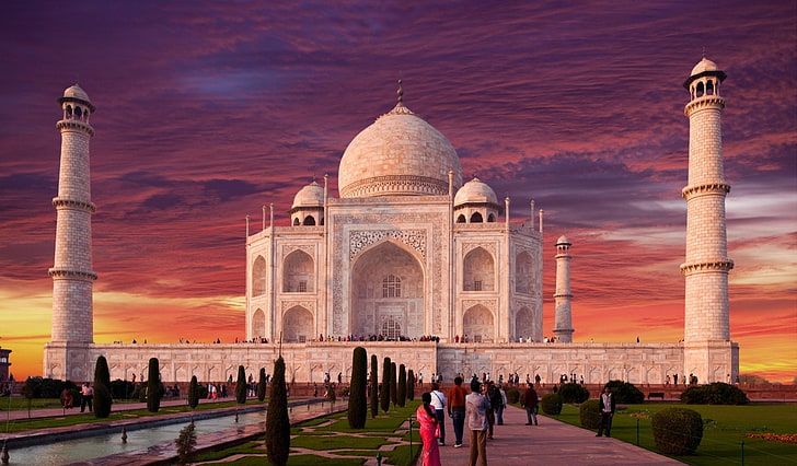Taj Mahal, Inde, Monuments, Taj Mahal, Agra, Inde, Sky, Coucher de soleil, Uttar Pradesh, Fond d'écran HD