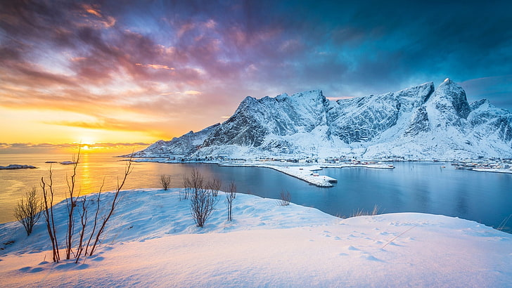 hiver, coucher de soleil, montagnes, lac, Norvège, îles Lofoten, Stefano Termanini, Fond d'écran HD