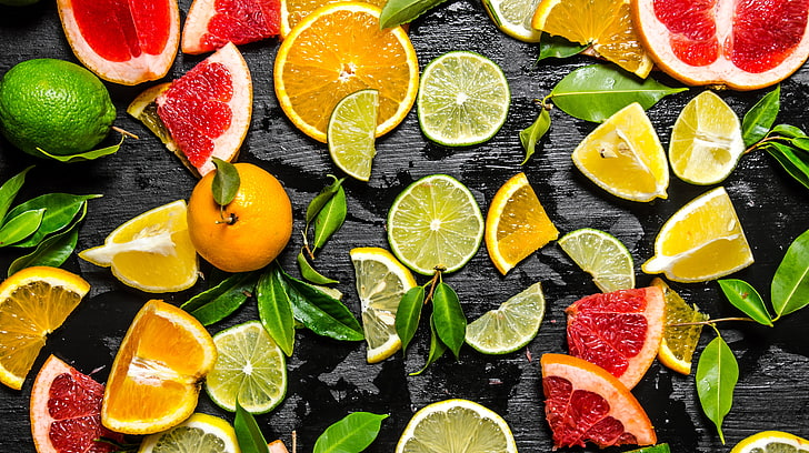 разнообразие нарезанных фруктов, фон, апельсин, лайм, фрукты, цитрусовые, лимоны, ломтики, мандарин, грейпфрут, HD обои