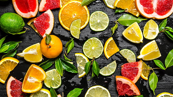 разнообразие нарезанных фруктов, фон, апельсин, лайм, фрукты, цитрусовые, лимоны, ломтики, мандарин, грейпфрут, HD обои HD wallpaper