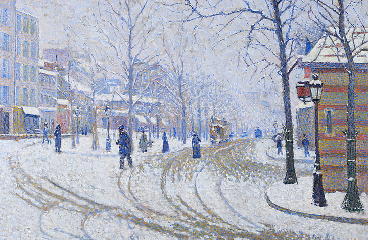 vinter, bild, stadslandskapet, Paul Signac, snö. Boulevard De Clichy. Paris, HD tapet
