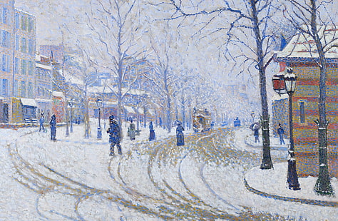 Invierno, imagen, el paisaje urbano, Paul Signac, nieve.El Boulevard De Clichy.París, Fondo de pantalla HD HD wallpaper