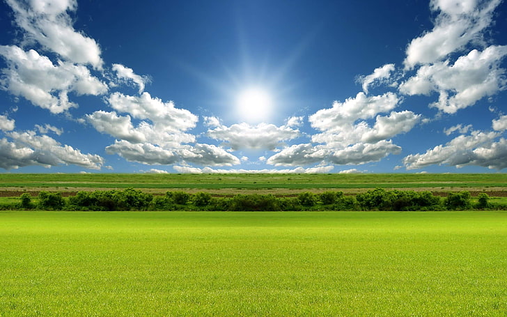 green grass field, field, the sun, clouds, 155, HD wallpaper