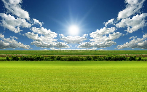 緑の芝生のフィールド、フィールド、太陽、雲、155、 HDデスクトップの壁紙 HD wallpaper