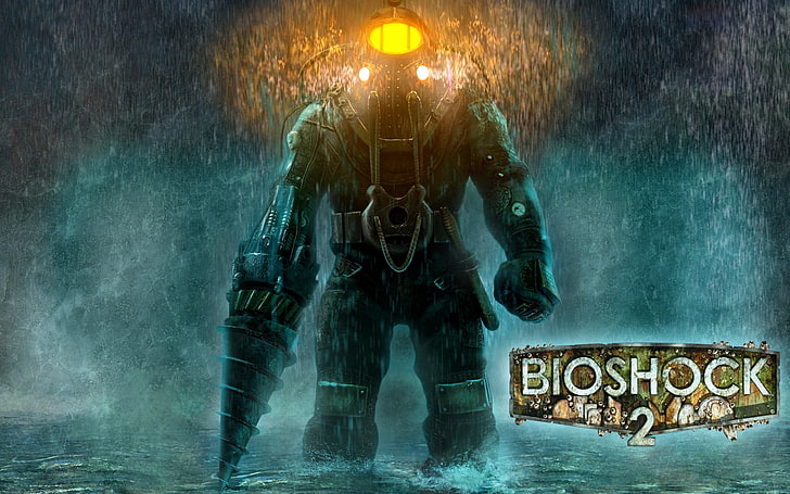 Bioshock 2 tapeta, bioshock 2, duży tatuś, deszcz, światło, ramię, Tapety HD