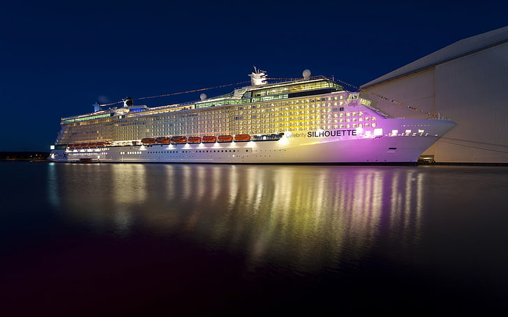white Silhouette cruiser, sea, lights, ship, night, HD wallpaper