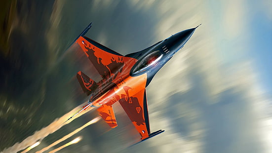 jet da combattimento arancione e nero, esercito, Royal Netherlands Air Force, aereo militare, aereo, veicolo, General Dynamics F-16 Fighting Falcon, Sfondo HD HD wallpaper