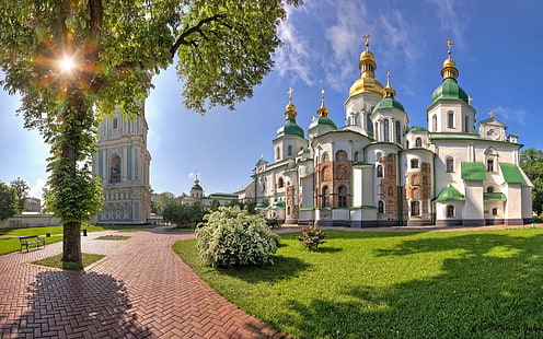Katedra św. Zofii w Kijowie, obraz biało-zielonego pałacu, świątynia, kościół, ukraina, pomnik, Tapety HD HD wallpaper