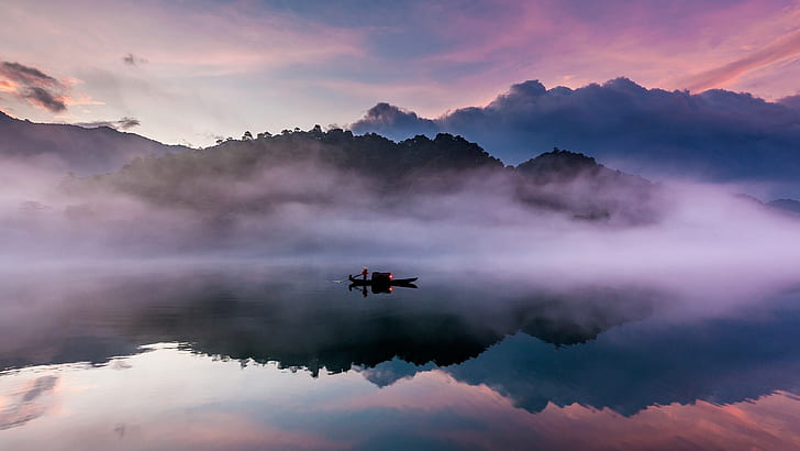 Dongjiang, река, лодка, утро, туман, горы, отражение воды, природа Китая, Dongjiang, река, лодка, утро, туман, горы, вода, отражение, Китай, природа, HD обои
