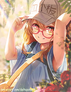 Hataraku Saibou, аниме девушки, клетки, лоли, шляпа, блондинка, очки, HD обои HD wallpaper