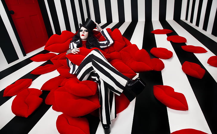 Woman, Red Lips Shape Pillows, BW Striped..., Girls, Woman, Gothic, Relaxing, Photography, Stripes, Model, Fashion, Character, Advertising, Pillows, madhouse, WillyWonka, Ikea, BeaAkerlund, TopHat, LipsPillows, HD wallpaper