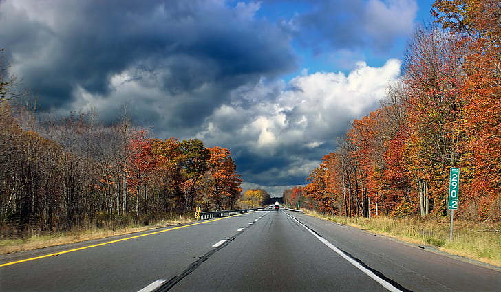 gray concrete highway under gray, white, and blue cloudy sky, Westbound, gray, concrete, highway, white, blue, cloudy, sky, Pennsylvania, Monroe County, Interstate 80, I-80, Poconos, road, clouds, stratocumulus, autumn, creative commons, nature, tree, forest, landscape, outdoors, travel, asphalt, yellow, scenics, rural Scene, leaf, HD wallpaper