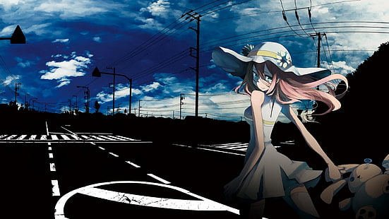 Anime, Original, Blue Eyes, Girl, Hat, Long Hair, Original (Anime), Pink Hair, Road, White Dress, HD wallpaper HD wallpaper