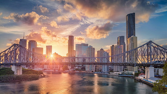 coucher de soleil, paysage urbain, Horizon, pont de l'histoire, ville, gratte-ciel, ciel, pont, métropole, crépuscule, jour, centre ville, Australie, Brisbane, Fond d'écran HD HD wallpaper