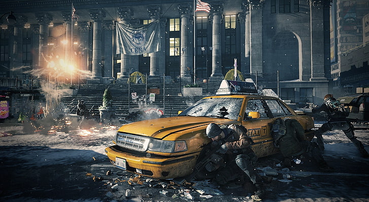 Tom Clancy's The Division Firefight, gul taxi digital tapet, Spel, Tom Clancy, City, Winter, Game, Skärmdump, Video, new york, Shooter, survival, pandemi, 2016, The Division, virus, mid-crisis, spreads, HD tapet