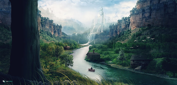 river in between trees and rock formation painting, landscape, river, mountains, stream, waterfall, boat, Matte painting, HD wallpaper