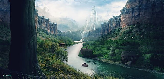 fiume tra alberi e formazione rocciosa pittura, paesaggio, fiume, montagne, ruscello, cascata, barca, pittura opaca, Sfondo HD HD wallpaper