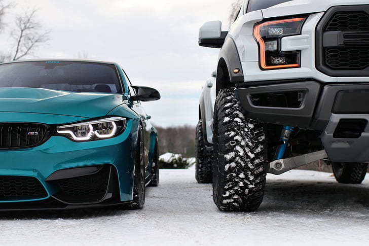 Ford, BMW, niebieski, zimowy, raptor, śnieżny, biały, F150, F80, LED, Tapety HD