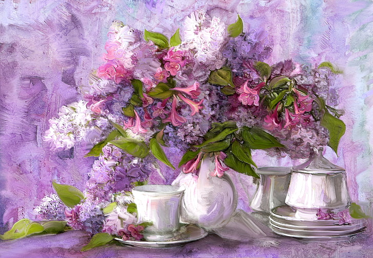 pink and white petaled flowers painting, flowers, bouquet, picture, Cup, still life, saucer, set, HD wallpaper