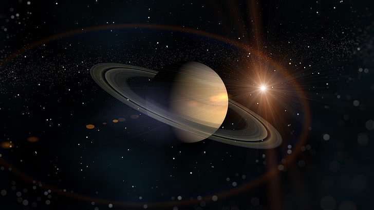 Тапет на планетата Сатурн, слънцето, звездите, пръстенът, Сатурн, Космосът, планетата в нашата слънчева система, HD тапет