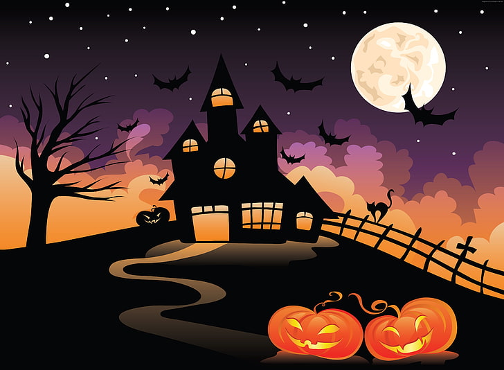 luna piena, notte, pipistrelli, Halloween, All Hallows Eve, All Saints Eve, castello, collina, Sfondo HD