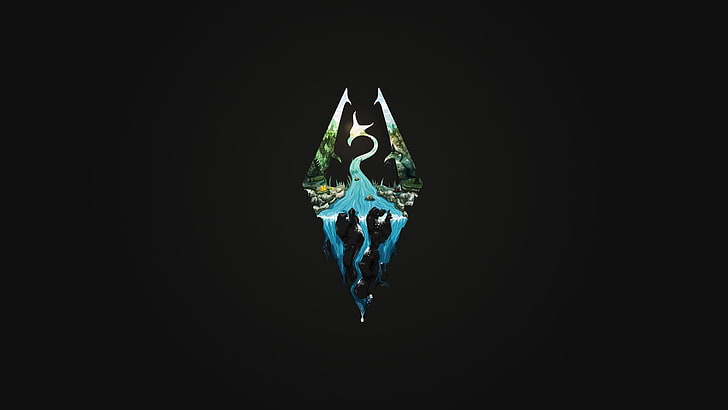 svartvit logotyp, logotyp, The Elder Scrolls V: Skyrim, videospel, minimalism, cyan, svart bakgrund, HD tapet
