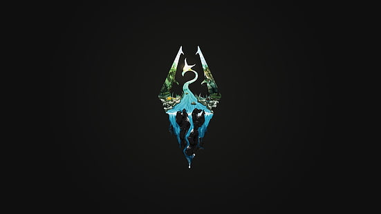 черно-белый логотип, логотип The Elder Scrolls V: Skyrim, видеоигры, минимализм, голубой, черный фон, HD обои HD wallpaper