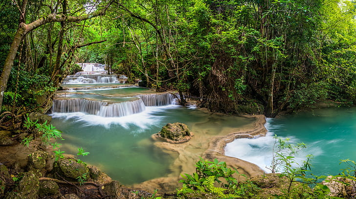 лес, джунгли, канжанабури, река, Таиланд, водопад, HD обои