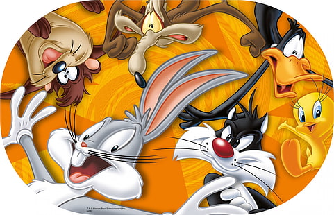Personaggi Looney Tunes, Daffy Duck, Foghorn Livorno, Titti, Il diavolo della Tasmania, Looney Tunes, Bugs Bunny, Diavolo della Tasmania, Il gatto silvestro, Silvestro, Sfondo HD HD wallpaper