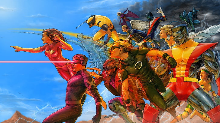 Marvel X-Men illustration, X-Men, hjälte, Cyclops, Wolverine, Rogue, Gambit, Iceman, White Queen, colossus, Cable, Nightcrawler, Quicksilver, ärkeängel, Beast (Henry McCoy), Storm (karaktär), Jean Gray, Rogue (X-Men), HD tapet