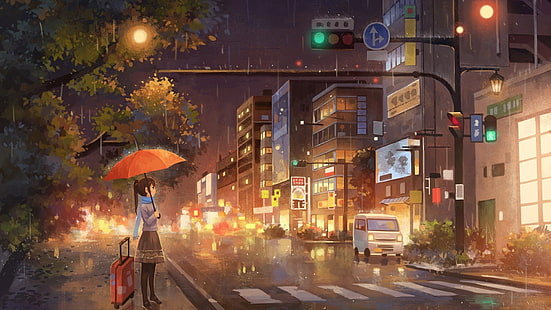 аниме, аниме девушки, зонт, дождь, город, HD обои HD wallpaper