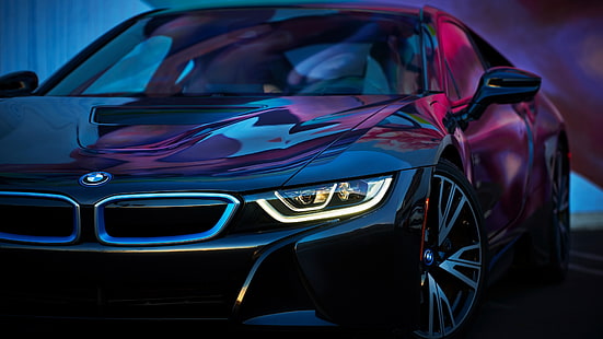 voiture, BMW i8, voiture noire, véhicule, voiture de luxe, BMW, véhicule de luxe, éclairage automobile, Fond d'écran HD HD wallpaper