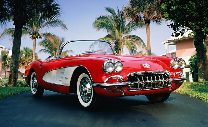 1960 Chevrolet Corvette Cabrio, kırmızı ve beyaz coupe, Motorlar, Klasik Otomobiller, araba, araç, klasik, klasik otomobil, araçlar, arabalar, chevrolet, corvette, cabrio, chevrolet corvette, 1960, 1960 chevrolet corvette cabrio, HD masaüstü duvar kağıdı
