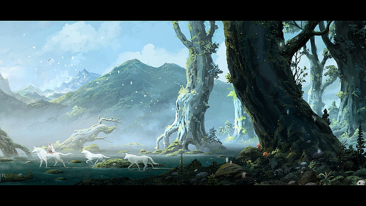 animals on forest wallpaper, Studio Ghibli, Princess Mononoke, San, Mononoke, Moro, landscape, anime, HD wallpaper