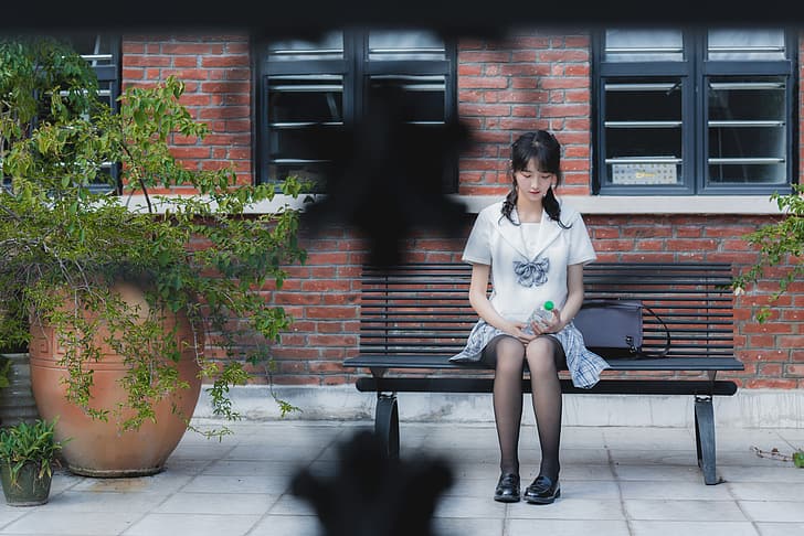 school uniform, schoolgirl, black stockings, Asian, cosplay, pantyhose, HD wallpaper